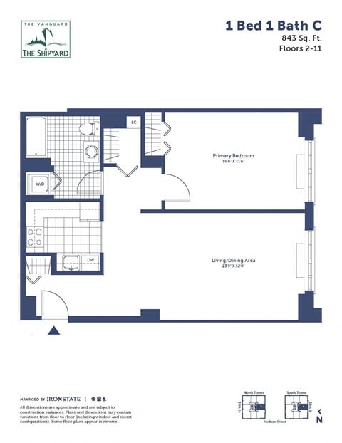 Floor plan for 1 bed, 1 bath, 843 sqft